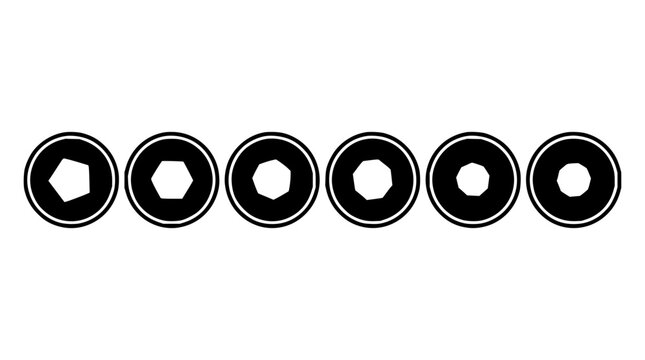 Camera aperture icons set with six circular blades featuring f-stop markings and lens diaphragm design with black and white line art