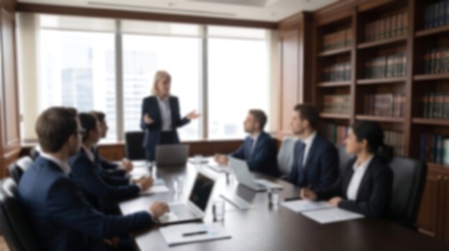 Female executive addressing team in a classic boardroom with wood paneling and city view