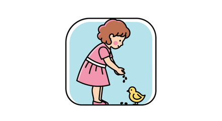 Fototapeta premium Little girl feeding yellow chick