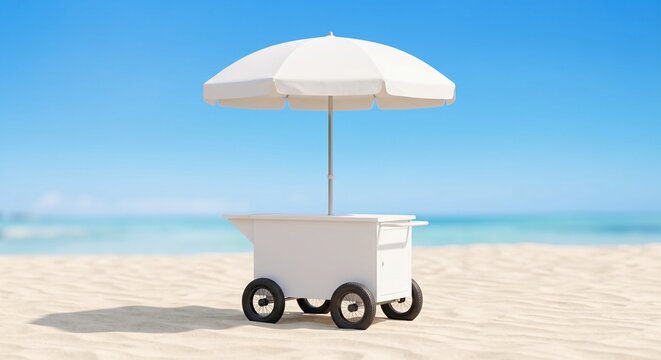 A blank white mobile food cart with an umbrella on a sunny tropical beach. An empty kiosk mockup for ice cream or cold drink vendors by the ocean.