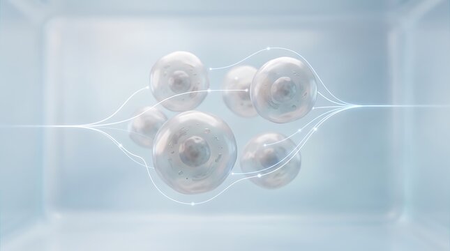 Abstract scientific illustration of molecular spheres connected by luminous data lines in a sterile blue environment