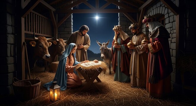 Traditional nativity scene in a rustic stable under a bright star