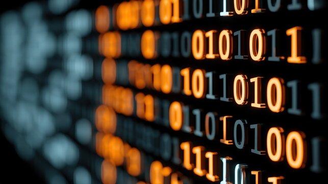 Rows of digital binary code 1 and 0 across dark screen, sharp glowing orange code on right, soft blurred blue code on left, shallow depth of field angled perspective receding into distance
