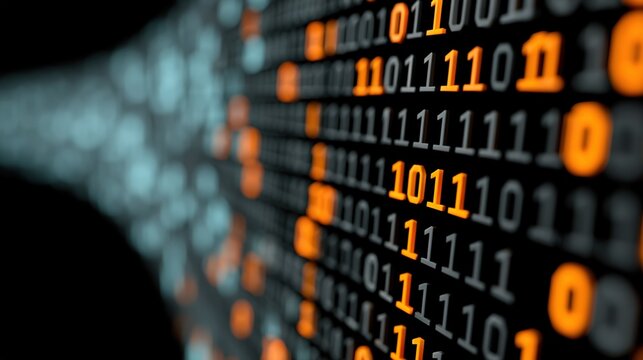 Rows of digital binary code 1 and 0 across dark screen, sharp glowing orange code on right, soft blurred blue code on left, shallow depth of field angled perspective receding into distance