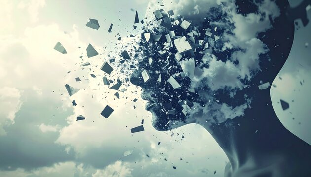 Mind Exploding - Conceptual Silhouette of a Person with Shattered Head.