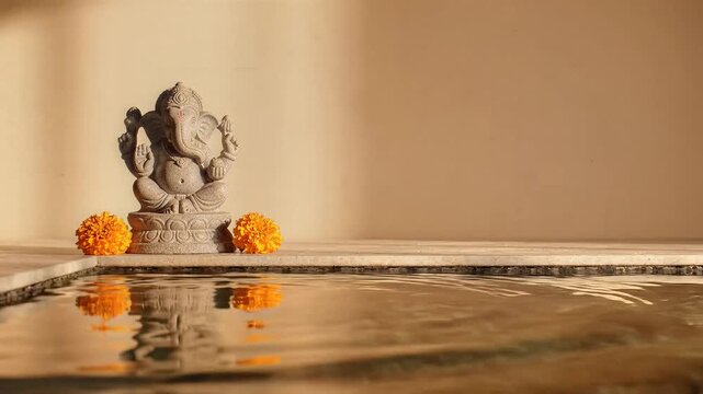 Ganesh chaturthi statue reflecting in water during a serene golden hour