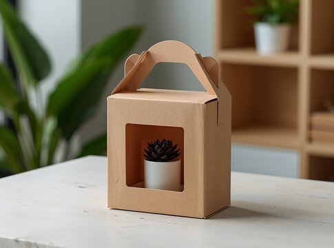 A kraft paper gable box with a front window displaying a small potted succulent. Resting on a white table in a bright, modern room.