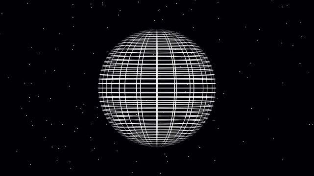Wireframe sphere globe rotating animation on black background. Turning white grid sphere showing spinning. Dust particles line flowing curved creating glob ball. Rotating futuristic round shape loop.