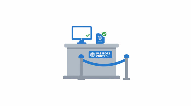 Passport control point vector graphic, immigration counter illustration, border check icon with computer monitor, international travel entry station, airport security concept