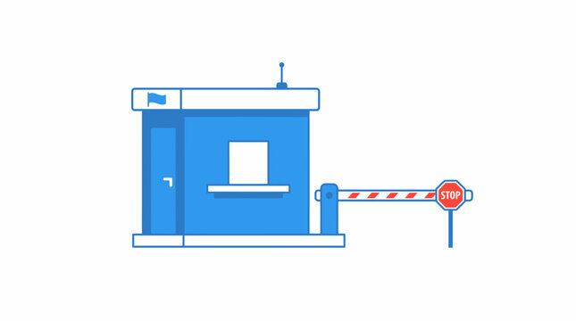 Parking booth vector icon illustration. Security checkpoint gate barrier with stop sign. Toll plaza control kiosk. Blue infrastructure graphic.