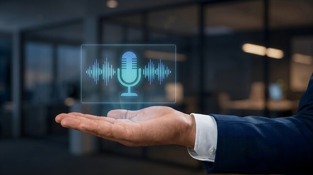 Businessman Hand Holding Microphone Sound Wave Icon, Voice Recognition and Audio Technology Concept