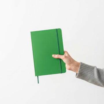 Green notebook held by hand, isolated on white background