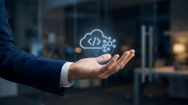 Businessman Hand Holding Cloud Code Network Icon, Cloud Computing and Software Development Technology Concept