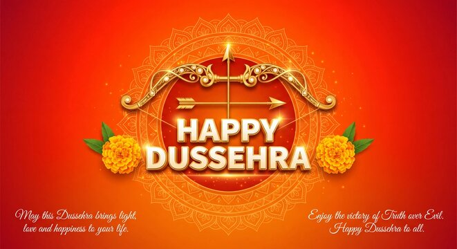Greeting card with bow for Navratri festival with hindi text meaning Dussehra (Hindu holiday Vijayadashami). Vector illustration