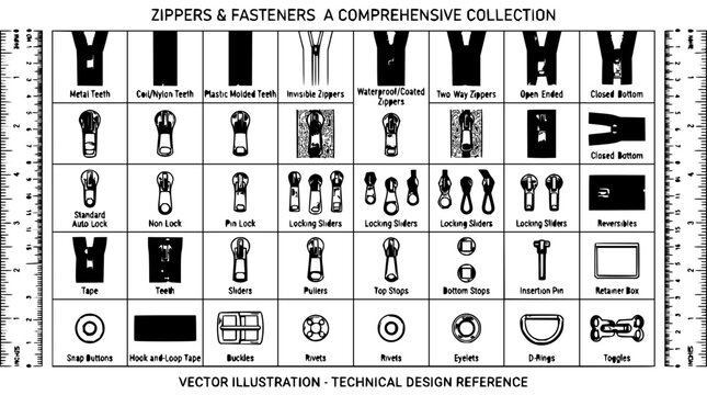 Zipper and fastener grid set with metal and plastic closures featuring teeth, sliders, and pull tabs with nylon coil and plastic molded designs
