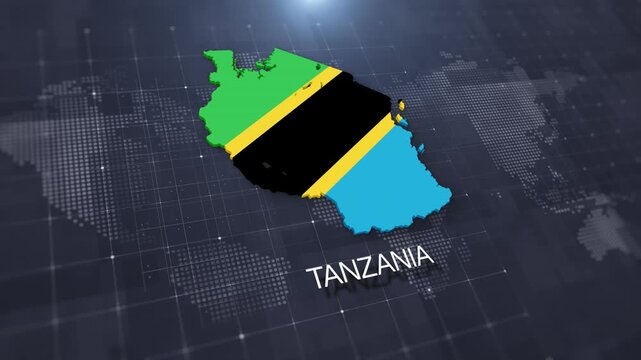 Tanzania map with national flag on digital world map background, geographic border, global political and international news concept