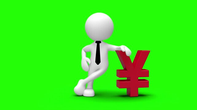 3D character businessman leaning on a large red YenYuan sign for finance concepts 4k stock animation video on a green screen background for chroma key background for video editing.
