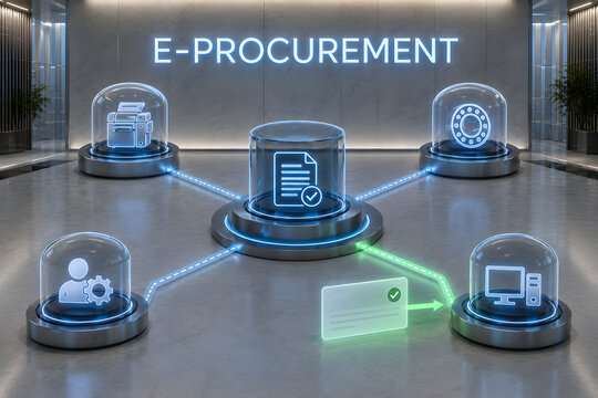 Digital e-procurement text above glass podiums with glowing supply chain icons connected by illuminated lines in modern corporate interior for business network concept