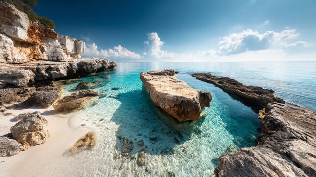 Coastal paradise featuring turquoise water, white sand, and rocky cliffs under a blue sky
