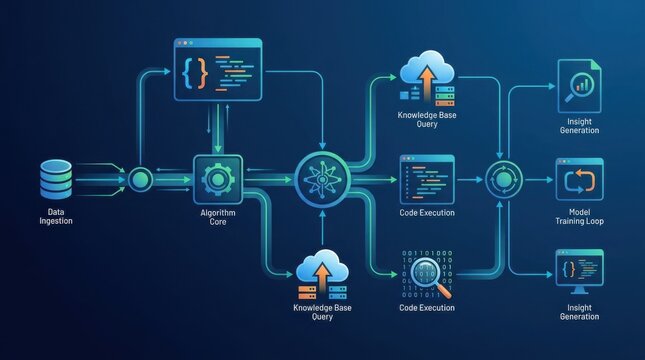 Artificial Intelligence data processing pipeline flowchart with neural network and machine learning