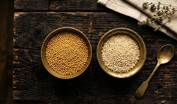 Yellow Mustard Seeds and White Sesame Seeds Til in Brass Bowls Flat Lay
