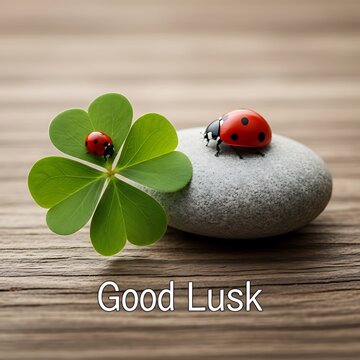 Lucky four leaf clover and ladybugs on a wooden background