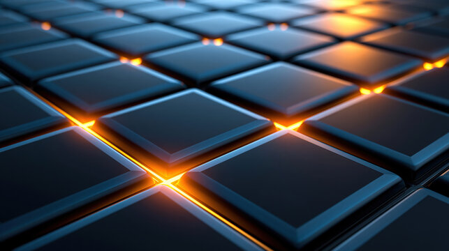 Abstract solar panel surface glowing orange light, futuristic blue tile pattern, close up