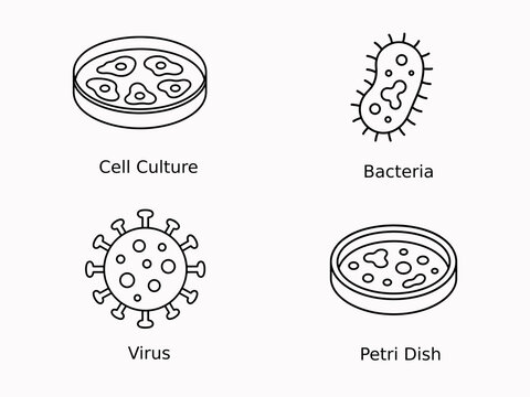 Medical and scientific pathogen icons set including virus, bacteria, cell, and prion disk illustrations