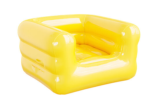 Modern inflatable mini chair or sofa yellow. Can be conveniently carry when travelling. Furniture portable suitable for both children and adults. Isolated on cutout PNG or transparent background