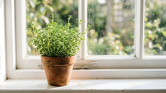 Fresh thyme herb growing in a clay pot on a bright windowsill at home