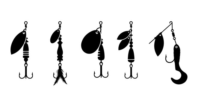 Fishing Lures Vector Icons, Spinner Baits, Jigs, Silicone Worms, Angling Tackle Set