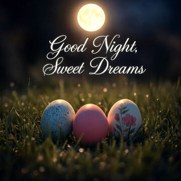 Good night greeting with sweet dreams text and colorful decorated eggs under moonlight scene