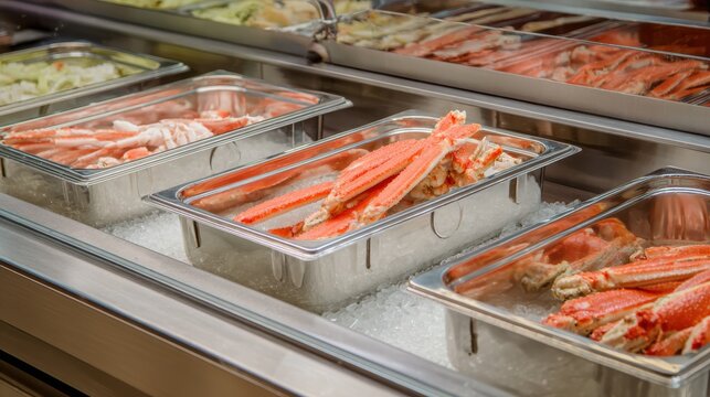 Fresh crab legs displayed on ice in metal trays at a seafood buffet or market.