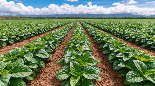 Row crop green leaf farm field soil row agriculture plant farmland landscape growth cultivation