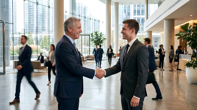 Professional businessmen shaking hands in a modern corporate office lobby