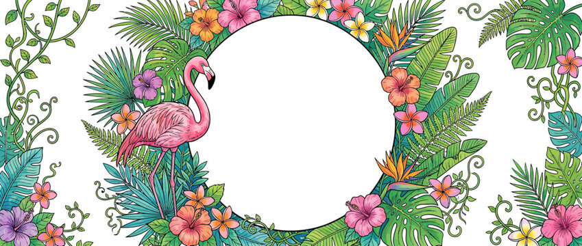 Pink flamingo surrounded by tropical foliage and flowers