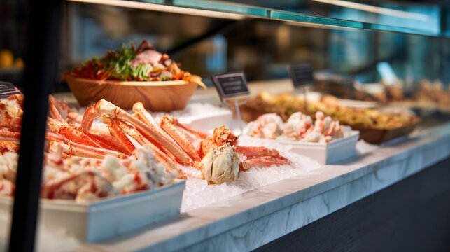 Fresh crab legs and seafood displayed on ice at a market or buffet counter.