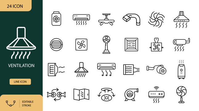 Ventilation and Air Conditioning Line Icons Set, HVAC Cooling and Airflow Outline Symbols, Vector Illustration