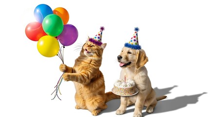 Fototapeta premium Adorable cat and dog celebrating birthday with balloons and cake