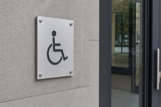 Accessible entrance sign for individuals with disabilities mounted on a concrete wall
