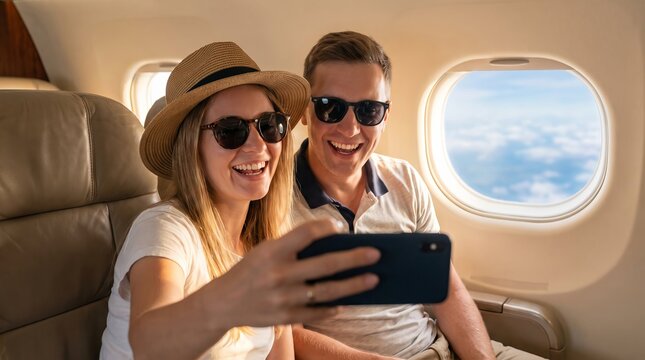 Happy tourist taking a selfie inside an airplane, cheerful young couple enjoying summer vacation, joyful travel atmosphere