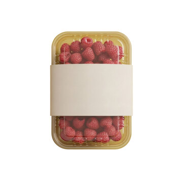 Fresh red raspberries in plastic punnet mockup with blank paper sleeve on a background transparent