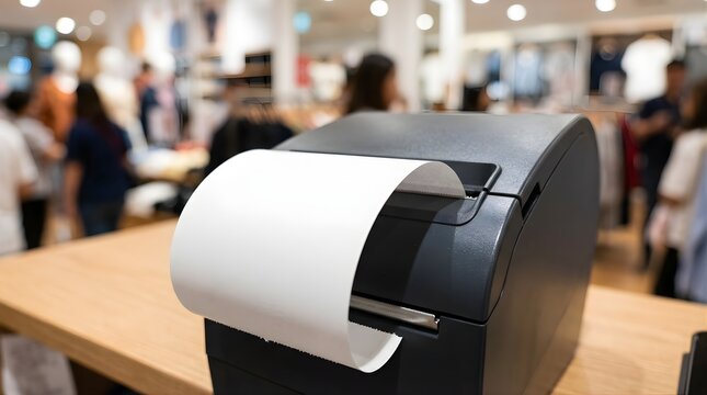 Receipt printer printing a white paper roll on a wooden counter in a store