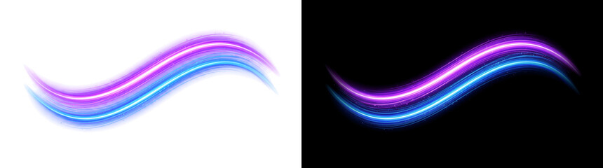 Fototapeta premium Long exposure dual light ribbon trail with glowing neon violet and cyan streaks, dynamic motion light effect overlay isolated on transparent background