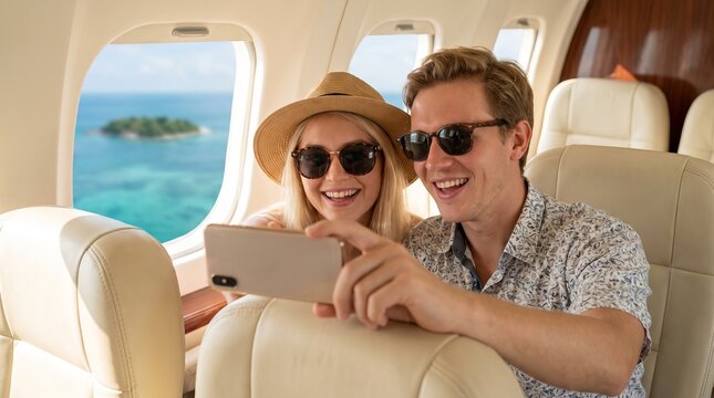Happy tourist taking a selfie inside an airplane, cheerful young couple enjoying summer vacation, joyful travel atmosphere