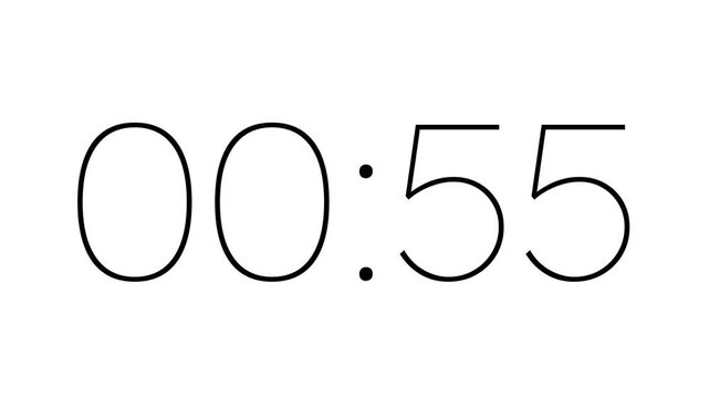 1 minute digital countdown timer animation. Digital countdown clock timer in 60 second on white background ideal for presentations, webinars, study sessions, and visual time tracking