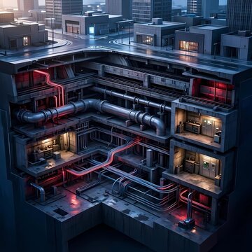 3D cross section of modern city street showing underground infrastructure pipes and rooms