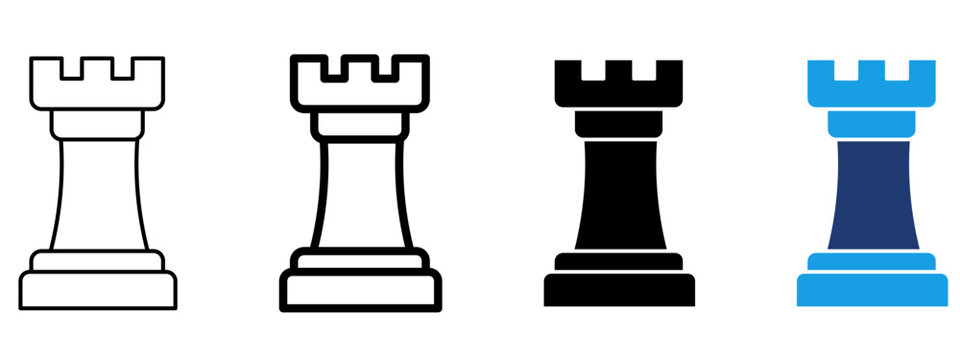 Chess rook icon set. Symbol of business strategy, planning, defense, leadership, tactical move, protection, security, and strength. Outline, line, solid glyph, and duotone vector illustrations.