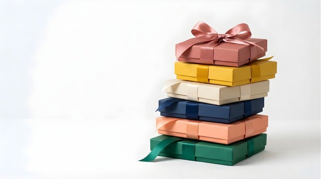 Stack of colorful gift boxes with ribbons isolated on white background