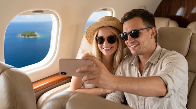 Happy tourist taking a selfie inside an airplane, cheerful young couple enjoying summer vacation, joyful travel atmosphere